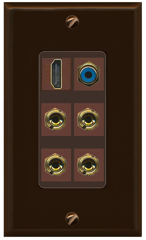 RiteAV 2 Speaker 4 Banana Binding Post HDMI RCA Wall Plate - 1 Gang Decorative [Brown/Brown]