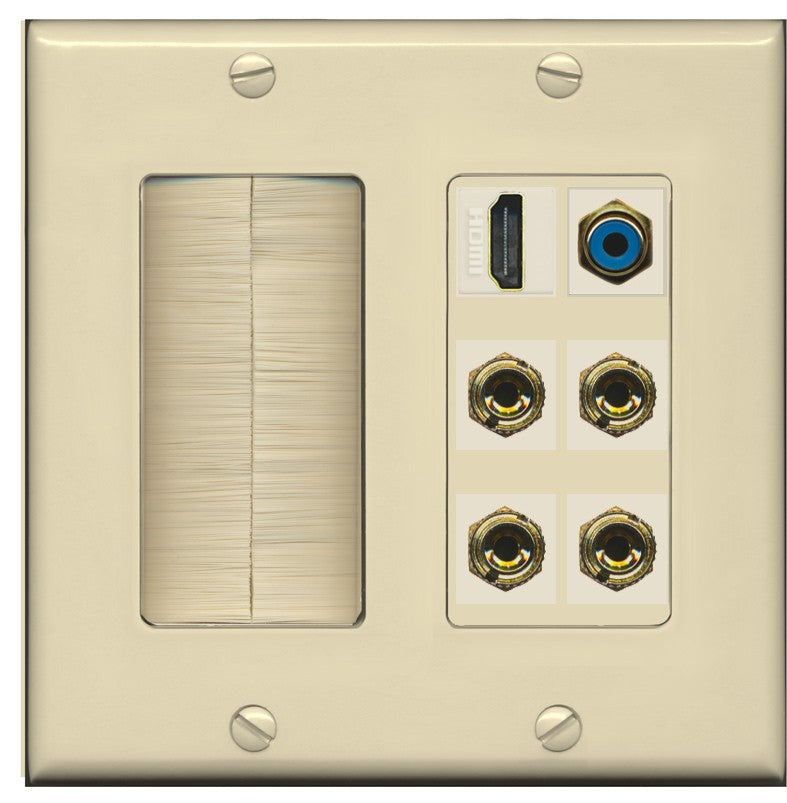 RiteAV 2 Speaker 4 Banana Binding Post HDMI RCA Wall Plate - Brush [Ivory/Ivory]