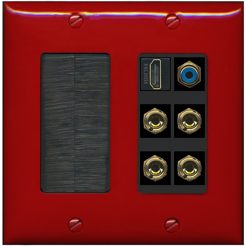 RiteAV 2 Speaker 4 Banana Binding Post HDMI RCA Wall Plate - Brush [Red/Black]