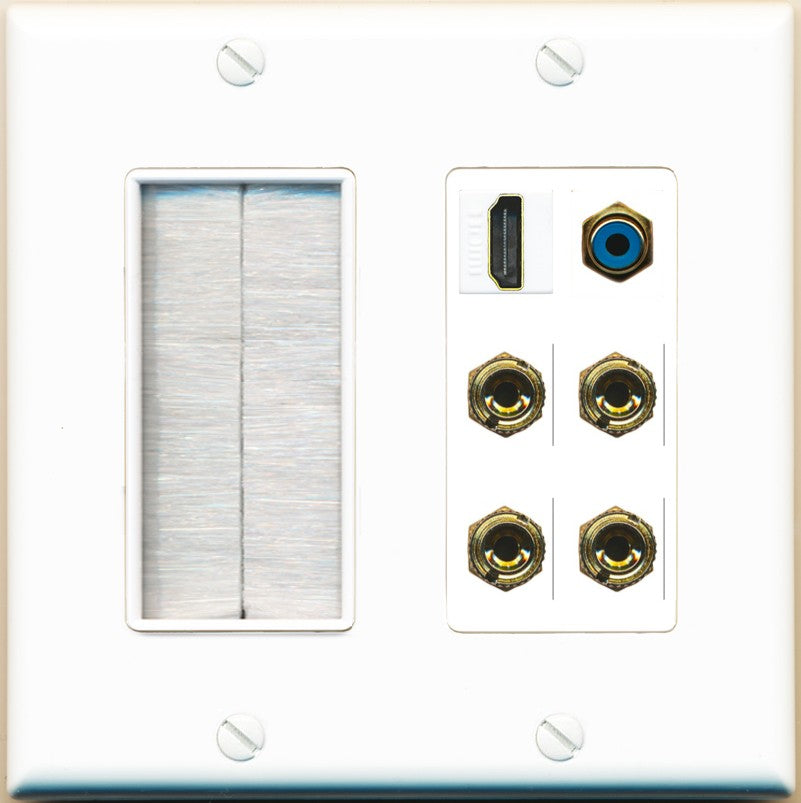 RiteAV 2 Speaker 4 Banana Binding Post HDMI RCA Wall Plate - Brush [White]