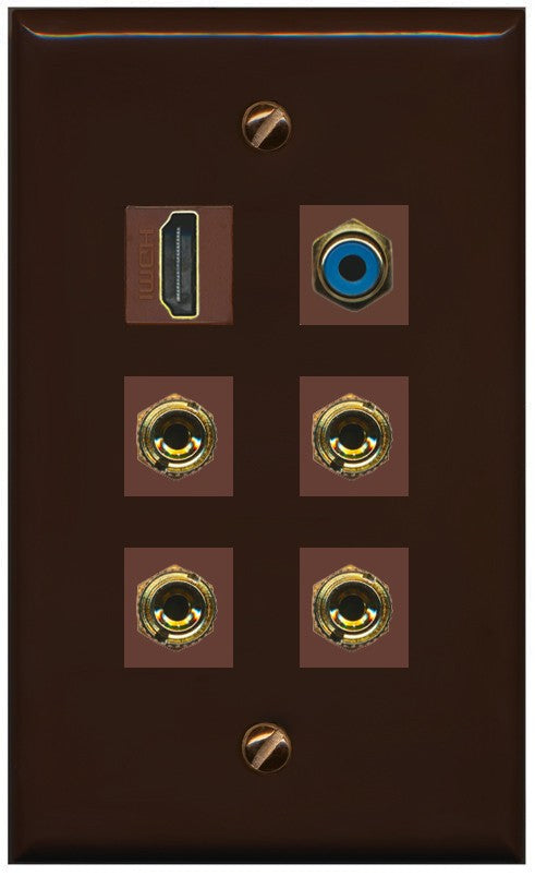 RiteAV 2 Speaker 4 Banana Binding Post HDMI RCA Wall Plate - Flat Style [Brown/Brown]