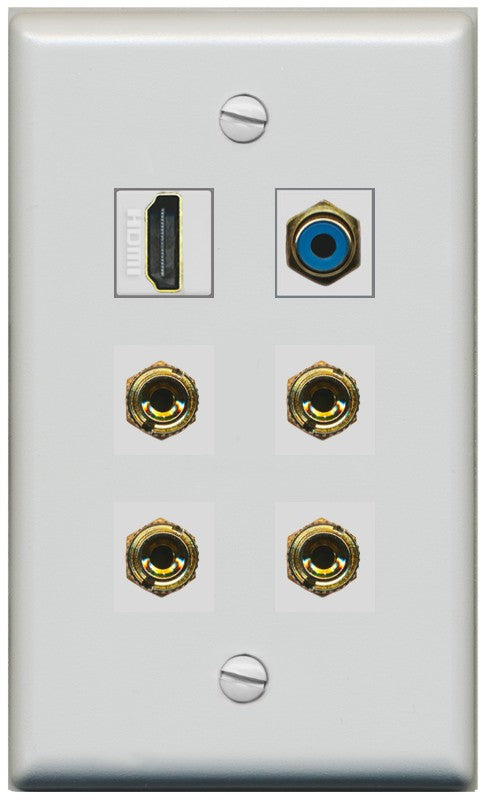 RiteAV 2 Speaker 4 Banana Binding Post HDMI RCA Wall Plate - Flat Style [Gray/Gray]