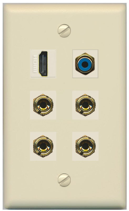 RiteAV 2 Speaker 4 Banana Binding Post HDMI RCA Wall Plate - Flat Style [Ivory/Ivory]