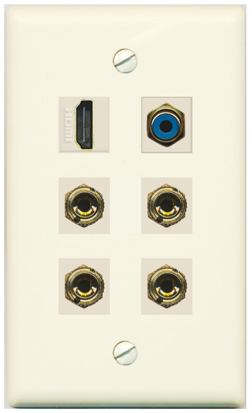 RiteAV 2 Speaker 4 Banana Binding Post HDMI RCA Wall Plate - Flat Style [Light-Almond]