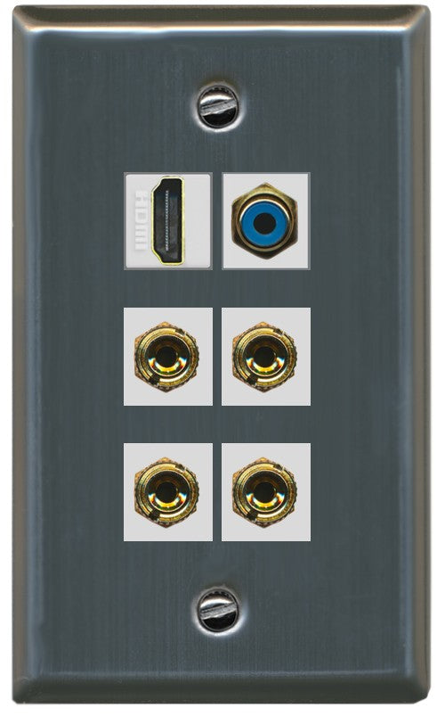 RiteAV 2 Speaker 4 Banana Binding Post HDMI RCA Wall Plate - Flat Style [Stainless Steel]