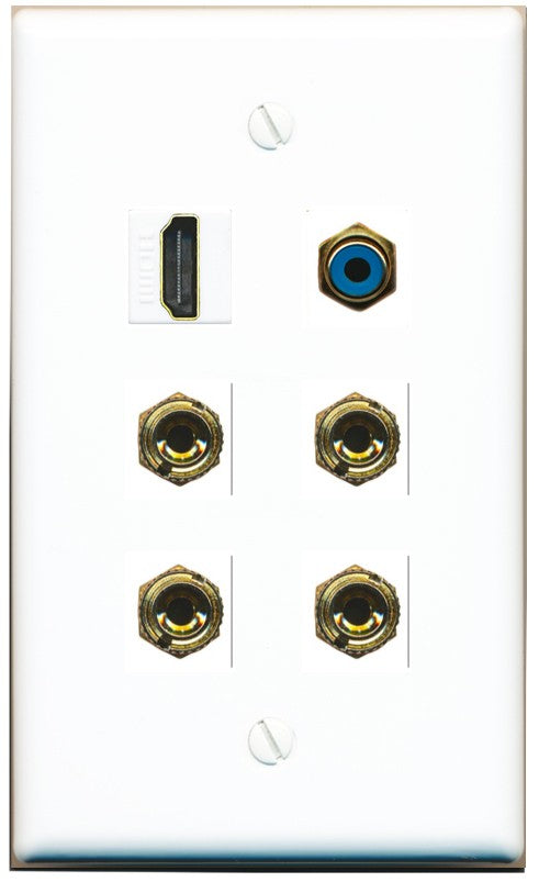 RiteAV 2 Speaker 4 Banana Binding Post HDMI RCA Wall Plate - Flat Style [White]