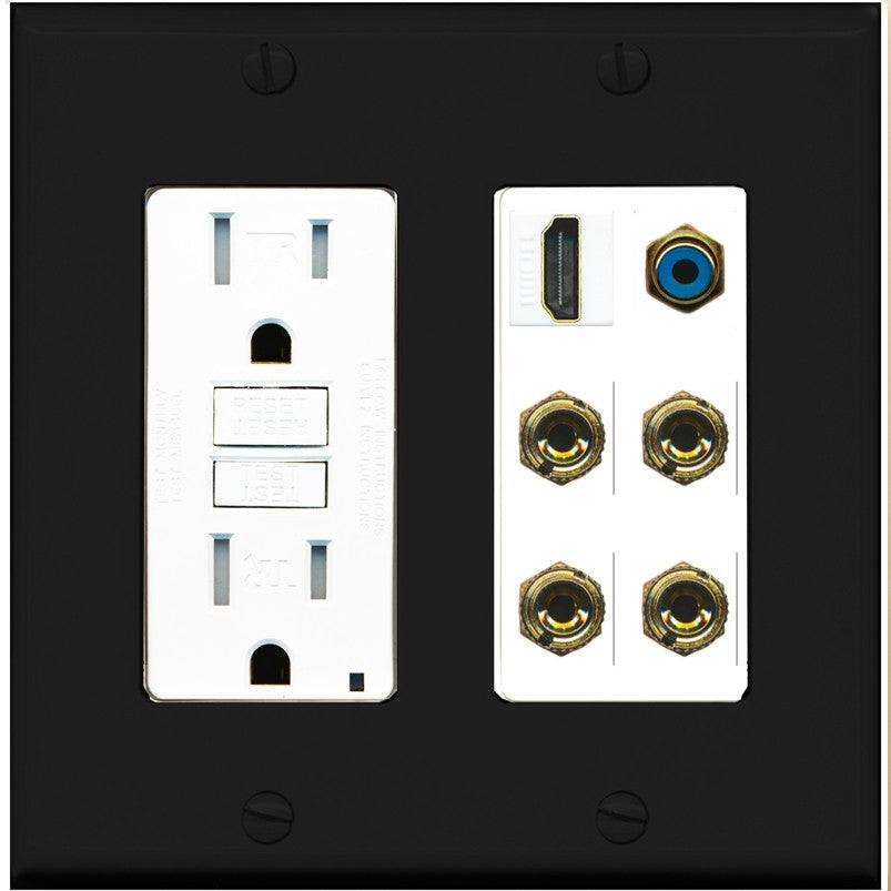 RiteAV 2 Speaker 4 Banana Binding Post HDMI RCA Wall Plate - GFCI Outlet [Black/White]