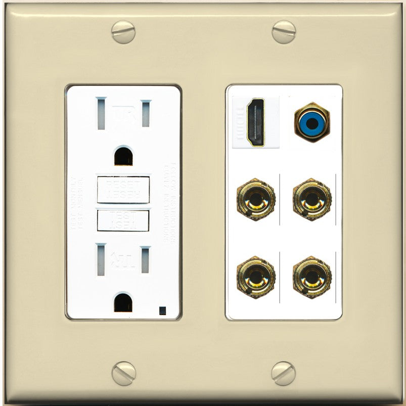 RiteAV 2 Speaker 4 Banana Binding Post HDMI RCA Wall Plate - GFCI Outlet [Ivory/White]