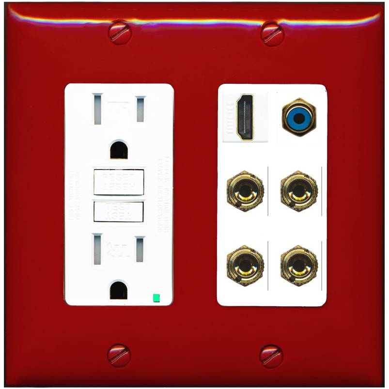 RiteAV 2 Speaker 4 Banana Binding Post HDMI RCA Wall Plate - GFCI Outlet [Red/White]
