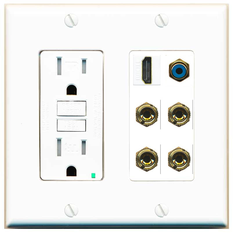 RiteAV 2 Speaker 4 Banana Binding Post HDMI RCA Wall Plate - GFCI Outlet [White]
