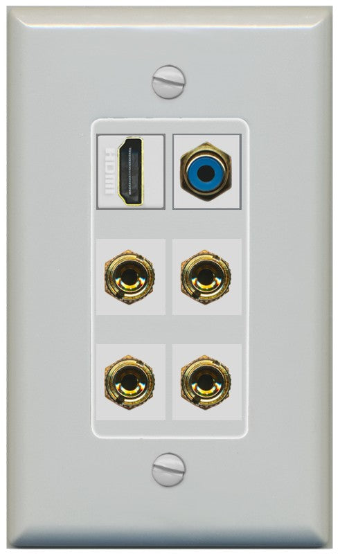 RiteAV 2 Speaker 4 Banana Binding Post HDMI RCA Wall Plate - 1 Gang Decorative [Gray/Gray]