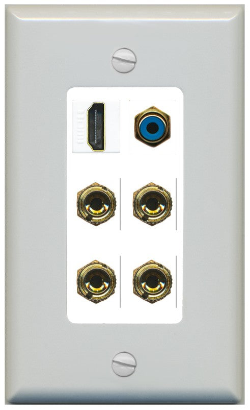 RiteAV 2 Speaker 4 Banana Binding Post HDMI RCA Wall Plate - 1 Gang Decorative [Gray/White]