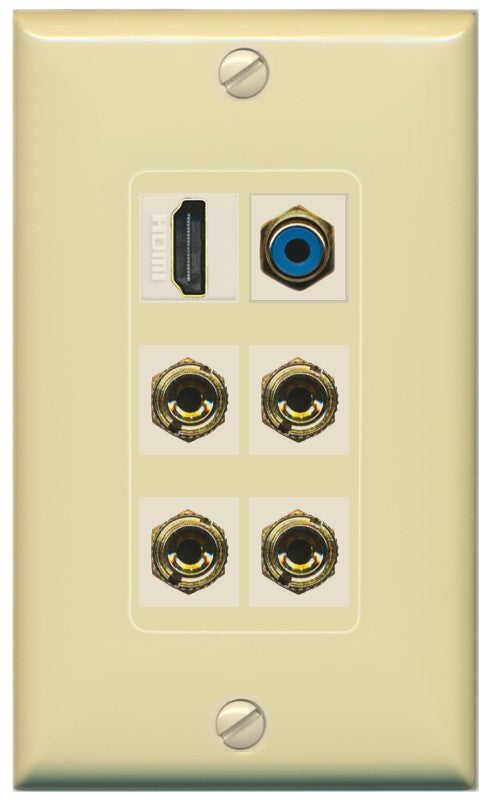 RiteAV 2 Speaker 4 Banana Binding Post HDMI RCA Wall Plate - 1 Gang Decorative [Ivory/Ivory]