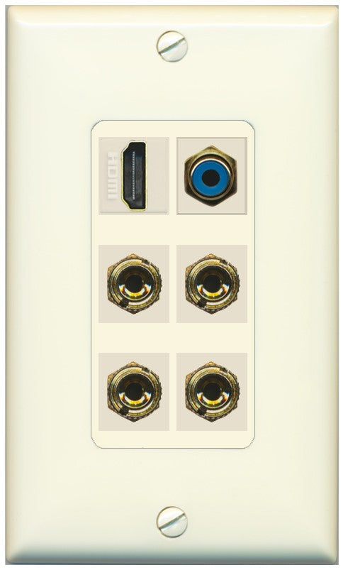 RiteAV 2 Speaker 4 Banana Binding Post HDMI RCA Wall Plate - 1 Gang Decorative [Light-Almond]