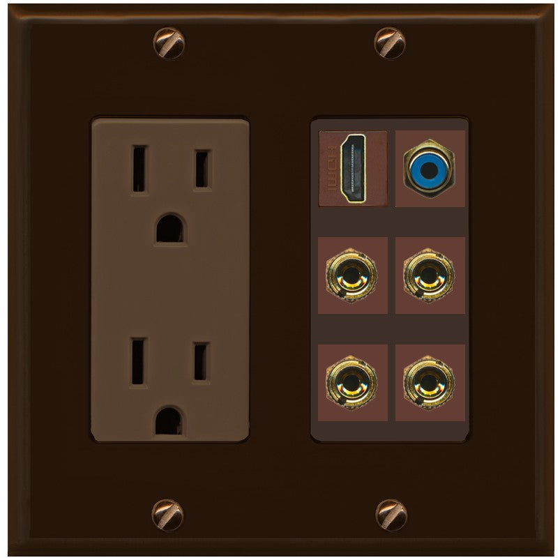 RiteAV 2 Speaker 4 Banana Binding Post HDMI RCA Wall Plate - Outlet [Brown/Brown]