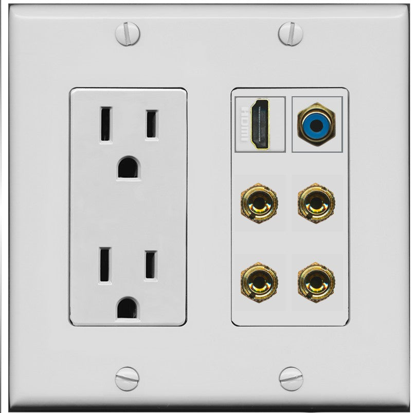 RiteAV 2 Speaker 4 Banana Binding Post HDMI RCA Wall Plate - Outlet [Gray/Gray]
