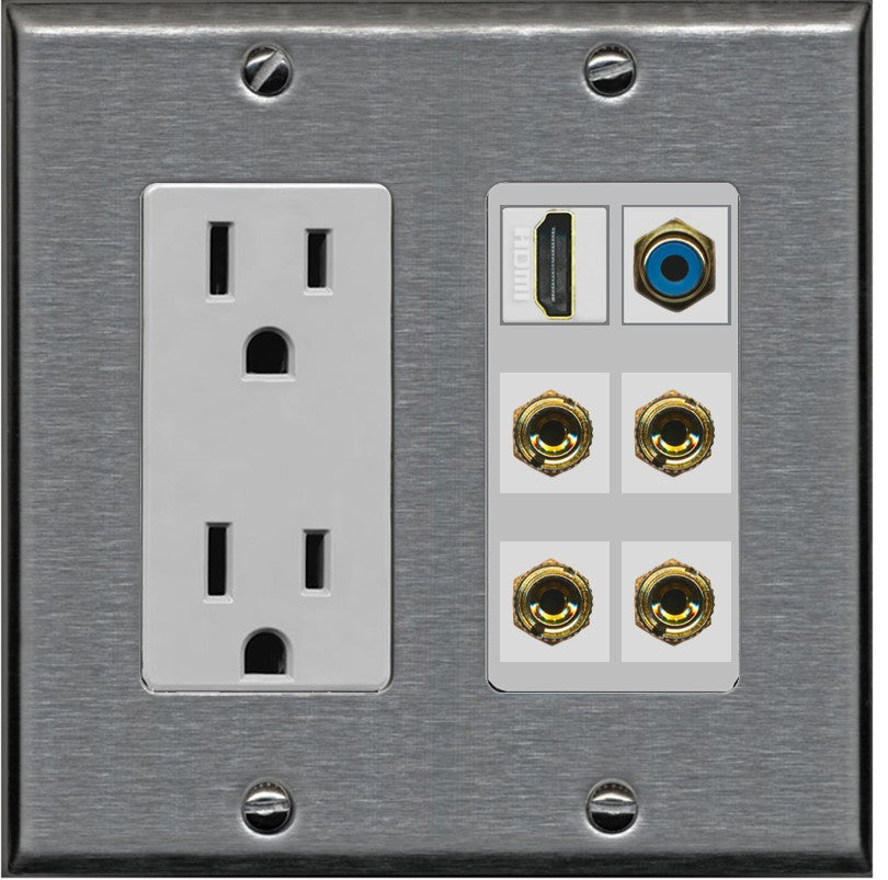 RiteAV 2 Speaker 4 Banana Binding Post HDMI RCA Wall Plate - Outlet [Stainless/Gray]