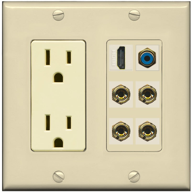 RiteAV 2 Speaker 4 Banana Binding Post HDMI RCA Wall Plate - Outlet [Ivory/Ivory]