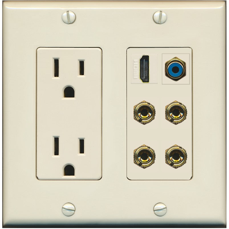 RiteAV 2 Speaker 4 Banana Binding Post HDMI RCA Wall Plate - Outlet [Light-Almond]