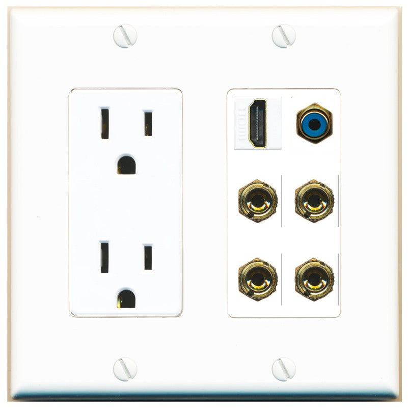 RiteAV 2 Speaker 4 Banana Binding Post HDMI RCA Wall Plate - Outlet [White]