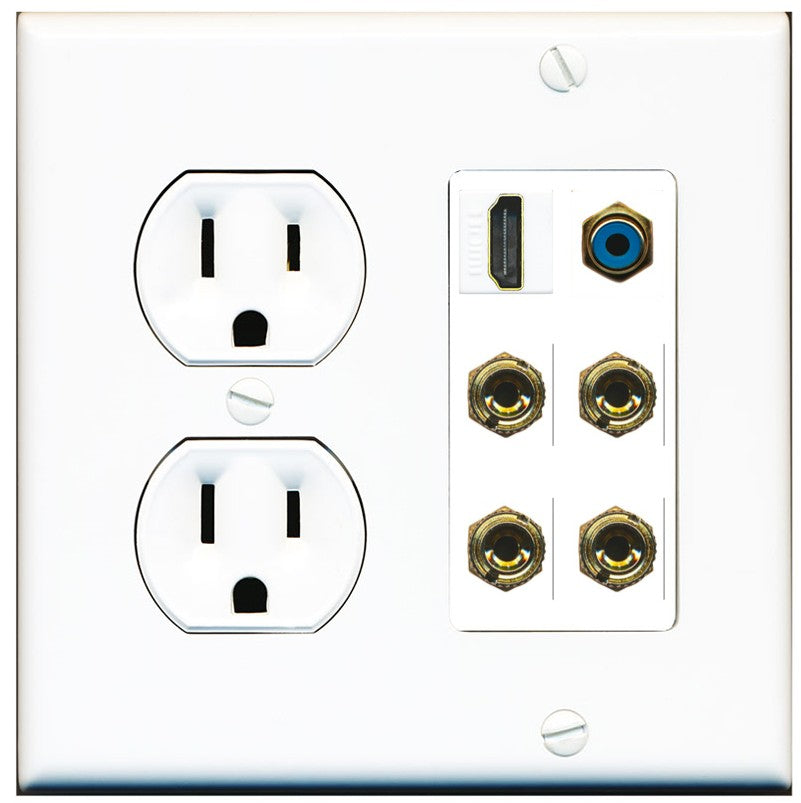 RiteAV 2 Speaker 4 Banana Binding Post HDMI RCA Wall Plate - Round Outlet [White]