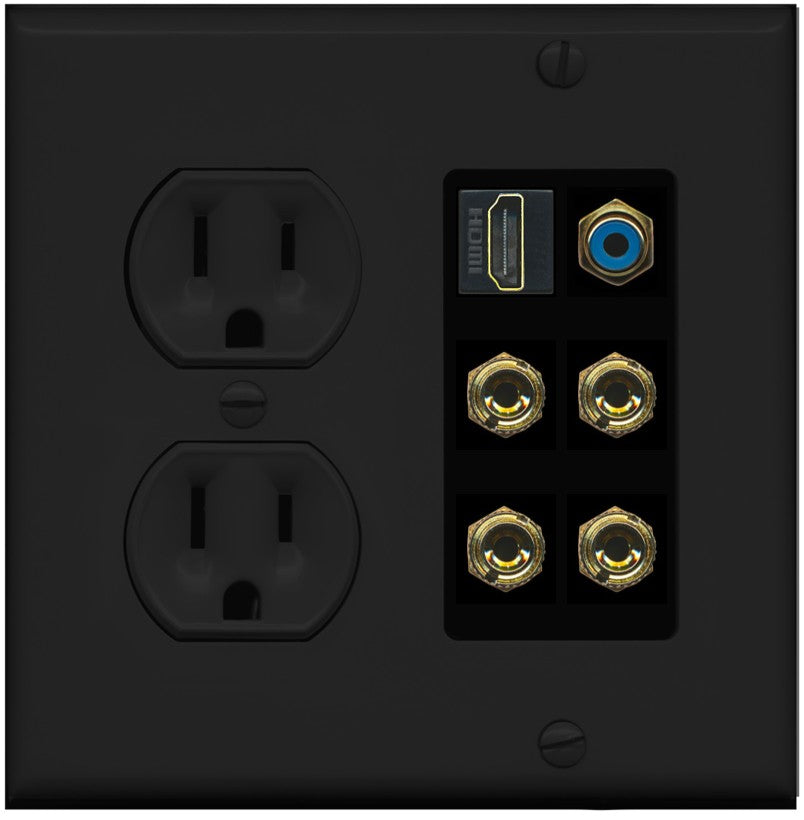 RiteAV 2 Speaker 4 Banana Binding Post HDMI RCA Wall Plate - Round Outlet [Black/Black]