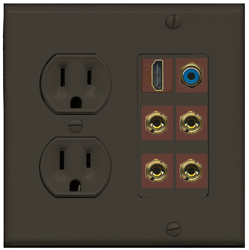 RiteAV 2 Speaker 4 Banana Binding Post HDMI RCA Wall Plate - Round Outlet [Brown/Brown]