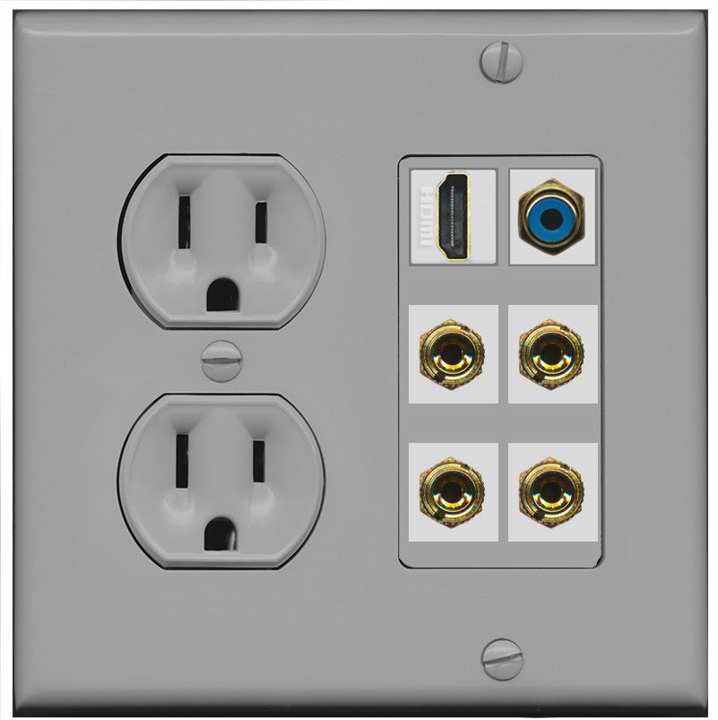 RiteAV 2 Speaker 4 Banana Binding Post HDMI RCA Wall Plate - Round Outlet [Gray/Gray]