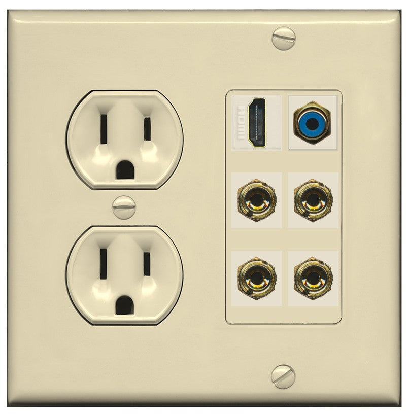 RiteAV 2 Speaker 4 Banana Binding Post HDMI RCA Wall Plate - Round Outlet [Ivory/Ivory]