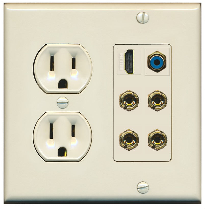 RiteAV 2 Speaker 4 Banana Binding Post HDMI RCA Wall Plate - Round Outlet [Light-Almond]