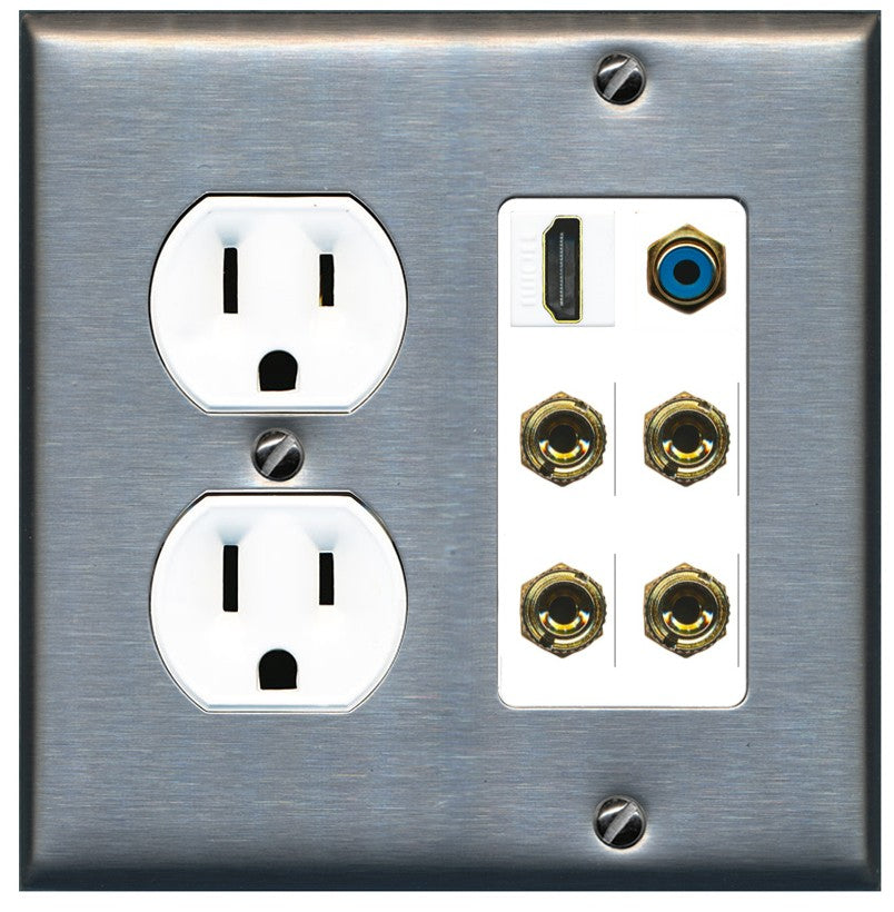 RiteAV 2 Speaker 4 Banana Binding Post HDMI RCA Wall Plate - Round Outlet [Stainless/White]