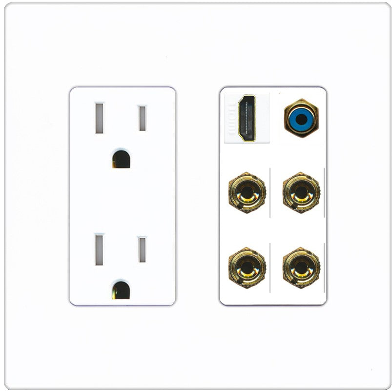 RiteAV 2 Speaker 4 Banana Binding Post HDMI RCA Wall Plate - Tamper-Resistant Outlet [Screwless White]