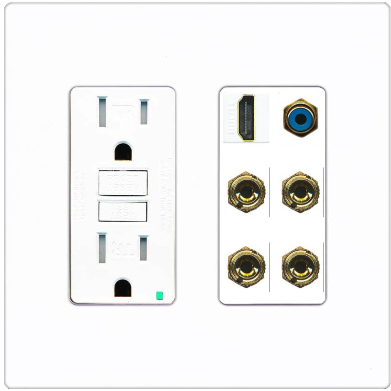 RiteAV 2 Speaker 4 Banana Binding Post HDMI RCA Wall Plate - GFCI Outlet [Screwless White]