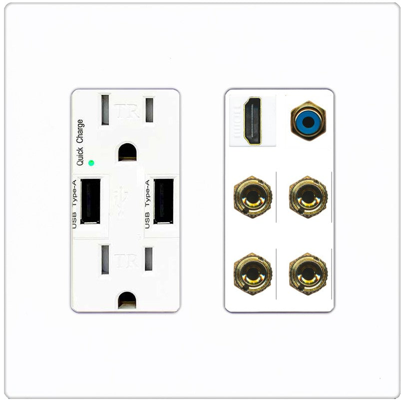 RiteAV 2 Speaker 4 Banana Binding Post HDMI RCA Wall Plate - USB Outlet [Screwless White]