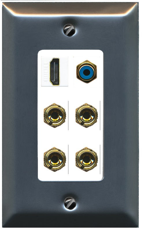 RiteAV 2 Speaker 4 Banana Binding Post HDMI RCA Wall Plate - 1 Gang Decorative [Stainless/White]