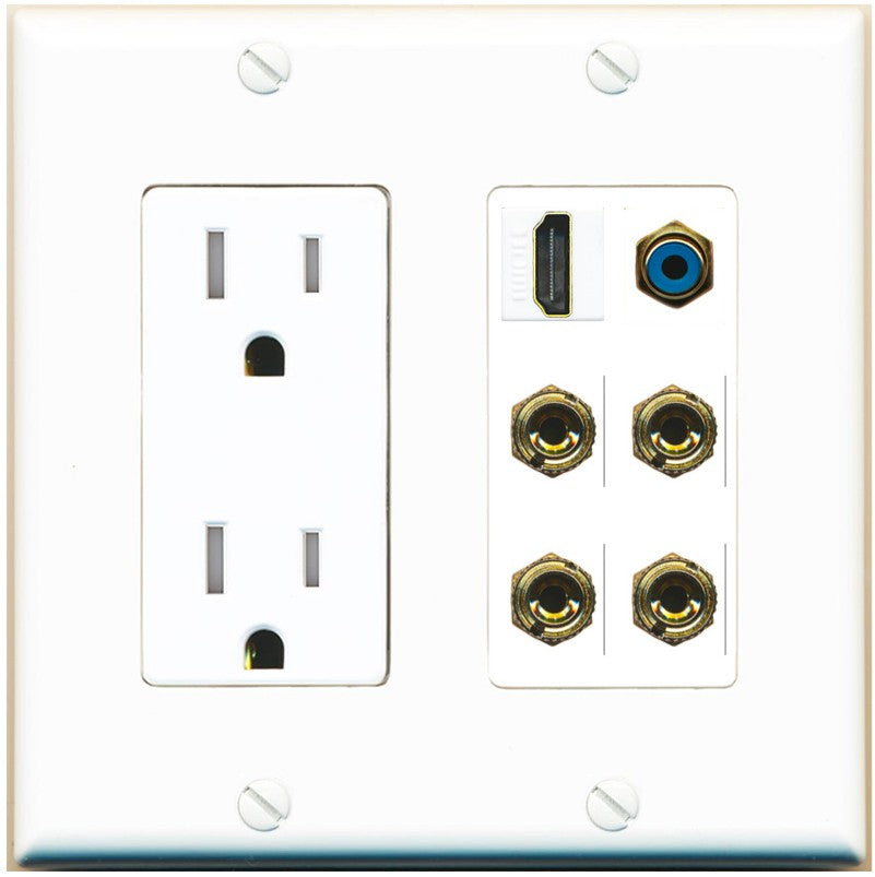 RiteAV 2 Speaker 4 Banana Binding Post HDMI RCA Wall Plate - Tamper-Resistant Outlet [White]