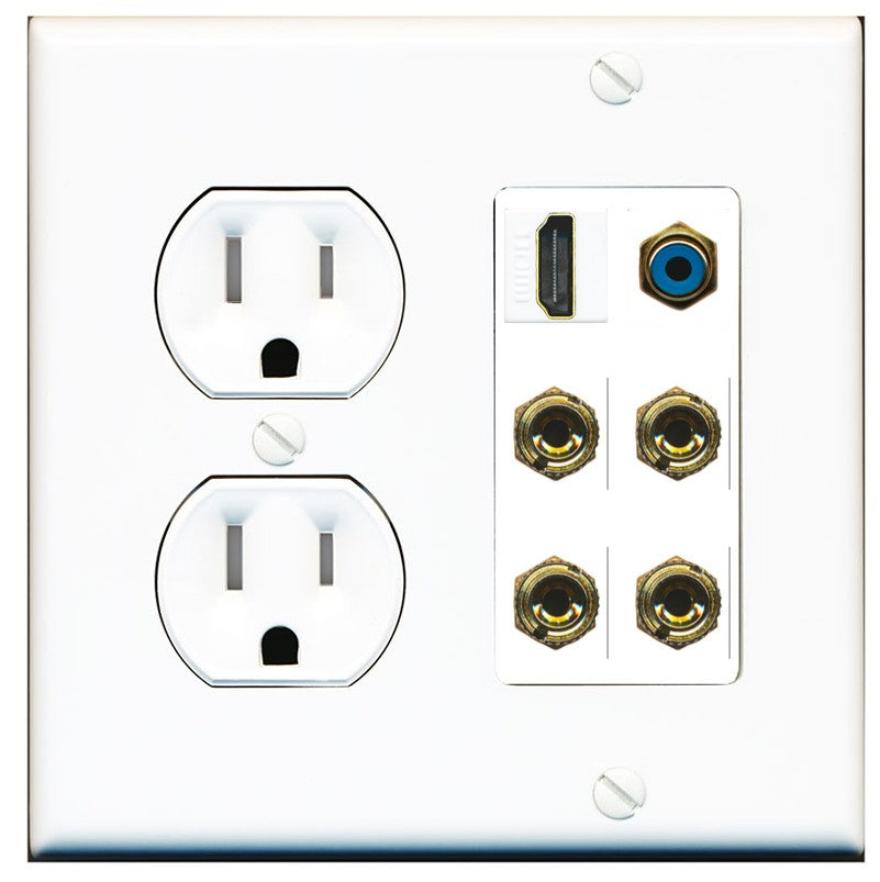 RiteAV 2 Speaker 4 Banana Binding Post HDMI RCA Wall Plate - Tamper Resistant Outlet [Round White]