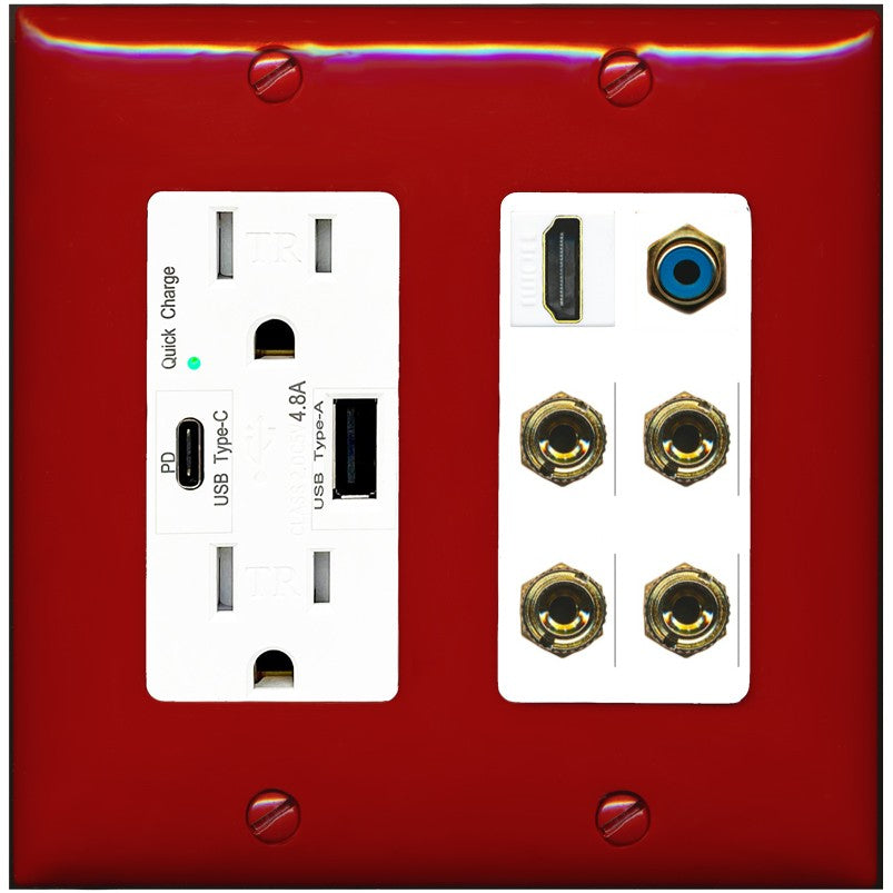 RiteAV 2 Speaker 4 Banana Binding Post HDMI RCA Wall Plate - USB A+C Outlet [Red/White]