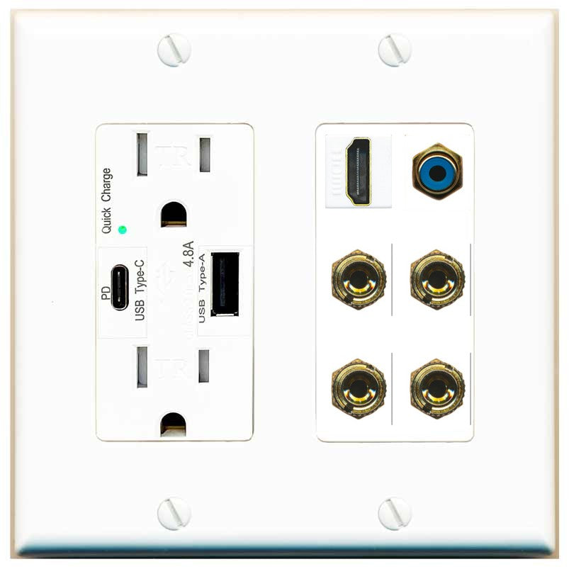 RiteAV 2 Speaker 4 Banana Binding Post HDMI RCA Wall Plate - USB A+C Outlet [White]