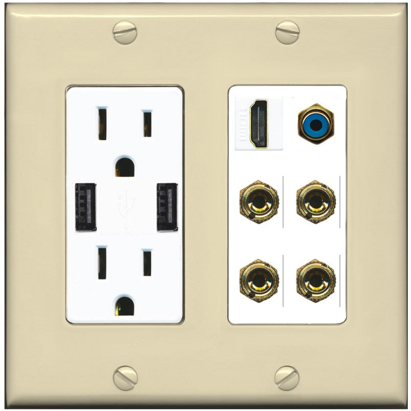 RiteAV 2 Speaker 4 Banana Binding Post HDMI RCA Wall Plate - USB Outlet [Ivory/White]