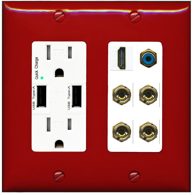 RiteAV 2 Speaker 4 Banana Binding Post HDMI RCA Wall Plate - USB Outlet [Red/White]