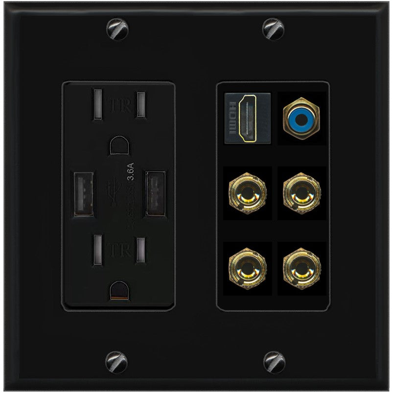 RiteAV 2 Speaker 4 Banana Binding Post HDMI RCA Wall Plate - USB Outlet [Black/Black]