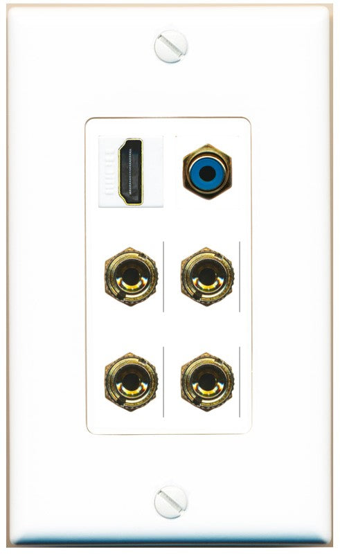 RiteAV 2 Speaker 4 Banana Binding Post HDMI RCA Wall Plate - 1 Gang Decorative [White]