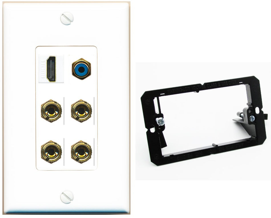 RiteAV 2 Speaker 4 Banana Binding Post HDMI RCA Wall Plate - Bracket [White]