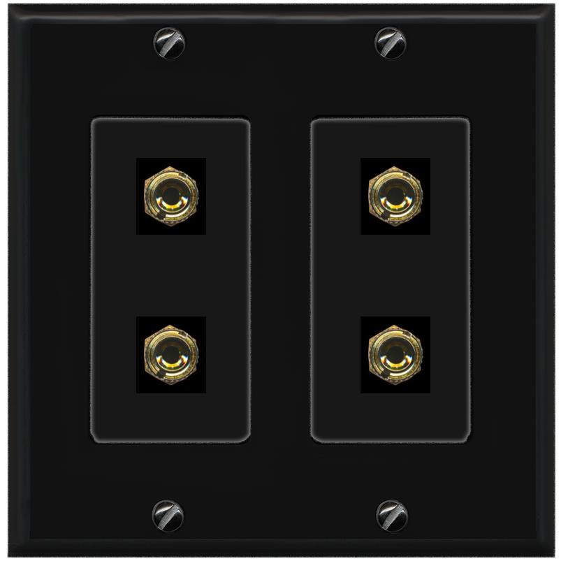 RiteAV 4 Banana 2 Speaker Surround Female Coupler Binding Post Wall Plate - 2 Gang [Black/Black]