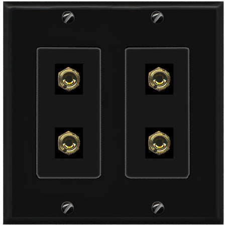 RiteAV 4 Banana 2 Speaker Surround Female Coupler Binding Post Wall Plate - 2 Gang [Black/Black]
