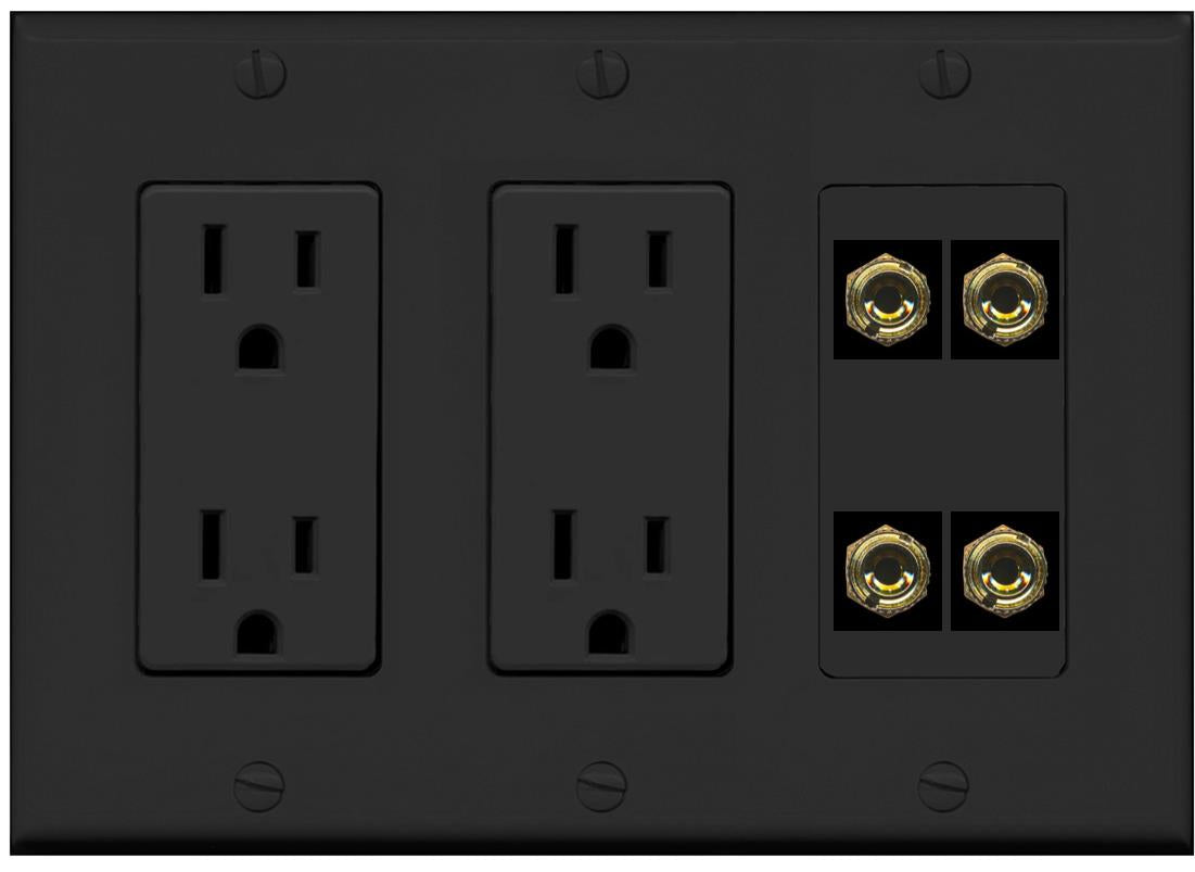 RiteAV 4 Banana 2 Speaker Surround Female Coupler Binding Post Wall Plate - 2 Outlet [Black/Black]