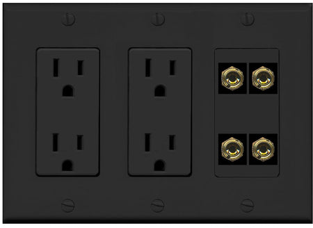RiteAV 4 Banana 2 Speaker Surround Female Coupler Binding Post Wall Plate - 2 Outlet [Black/Black]