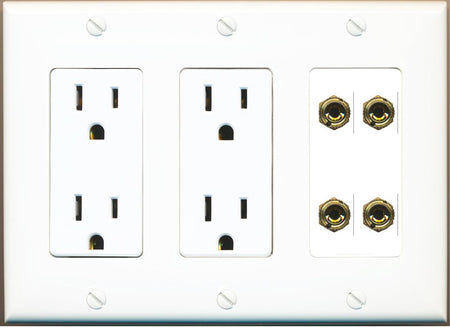 RiteAV 4 Banana 2 Speaker Surround Female Coupler Binding Post Wall Plate - 2 Outlet [White]