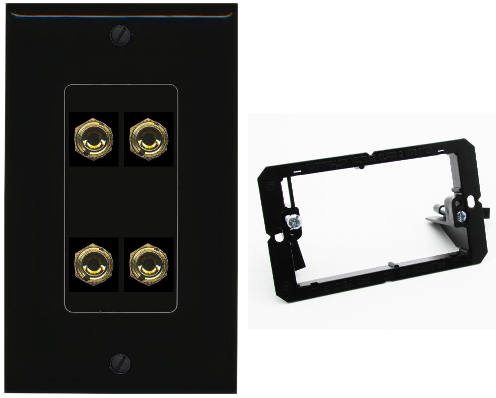 RiteAV 4 Banana 2 Speaker Surround Female Coupler Binding Post Wall Plate - Bracket [Black/Black]